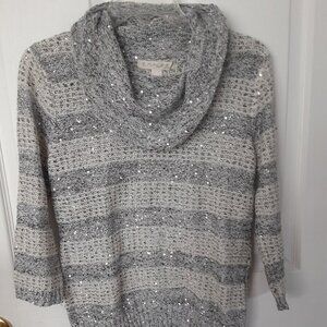 Emaline (PM) Silver & White Cowl Neck Sweater w/Sequins & Long Sleeves